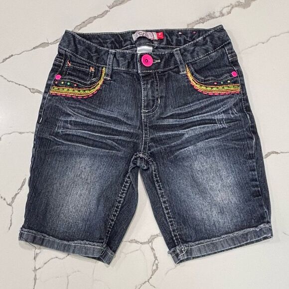 SO | Girls Dark Wash Denim Jean Shorts Neon Pink Green Accents Stitching - Picture 1 of 14